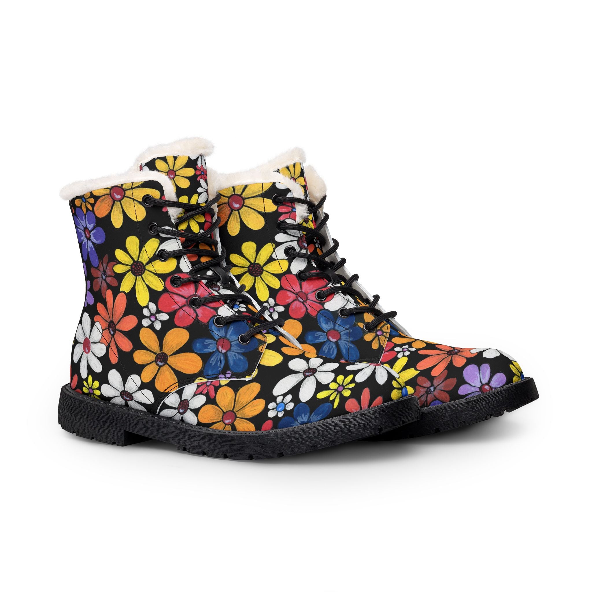 Faux Fur Leather Boots — Floral Lace & Color Block Women's Winter Boots