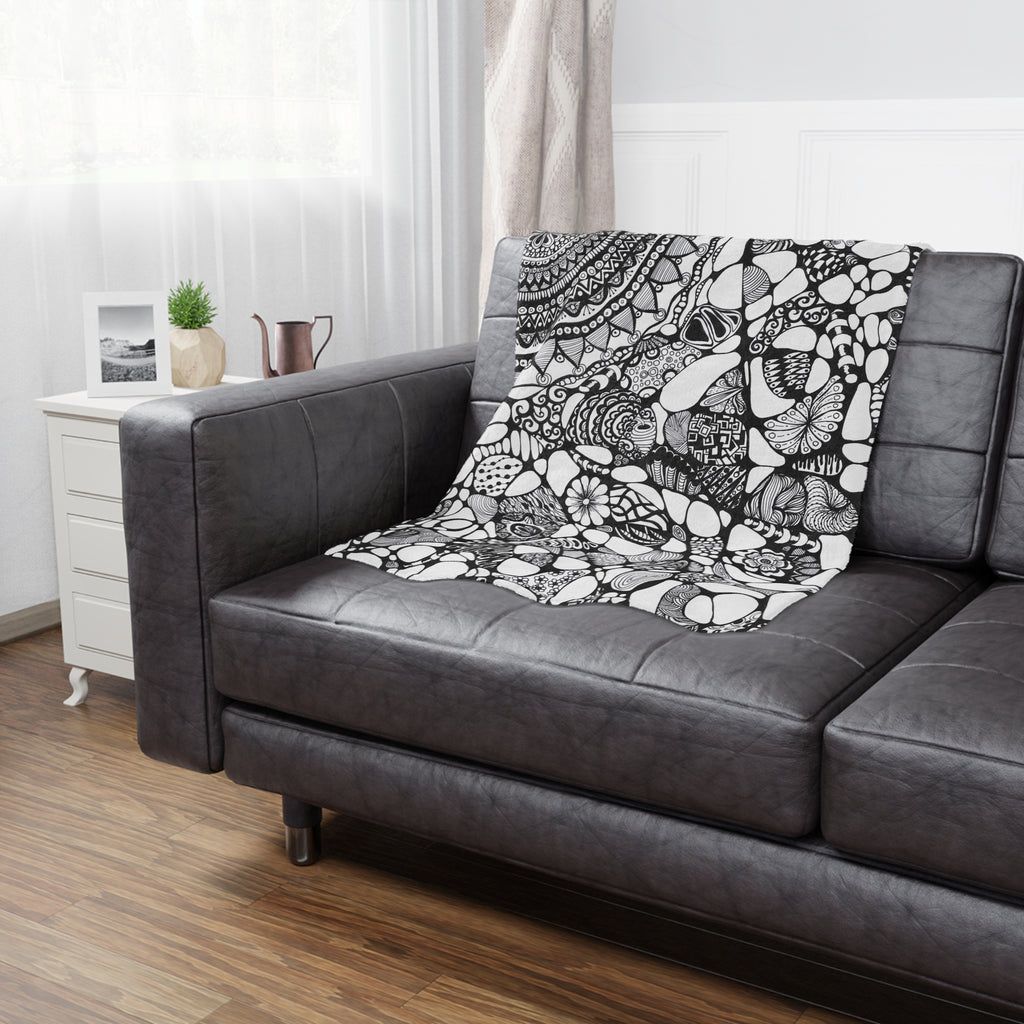 Minky Blanket — Black & White Hand-Drawn Doodle Mandala Throw