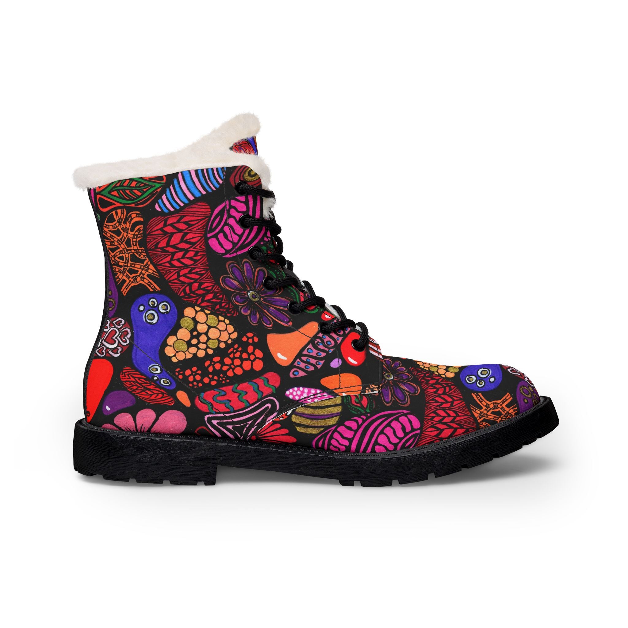 Faux Fur Leather Boots — Colorful Floral Lined Women's Winter Boots