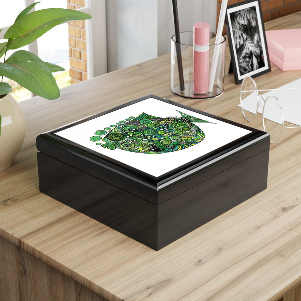 Green Doodle Fish Jewelry Box — Decorative Trinket Box for Ocean Lovers