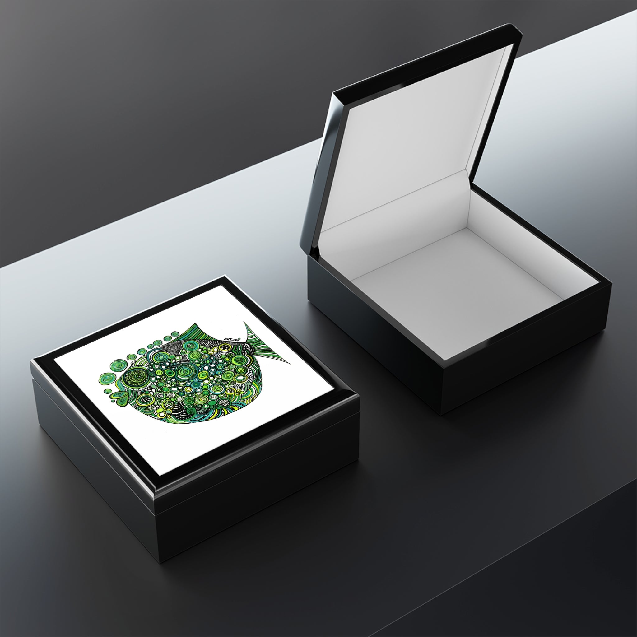 Green Doodle Fish Jewelry Box — Decorative Trinket Box for Ocean Lovers