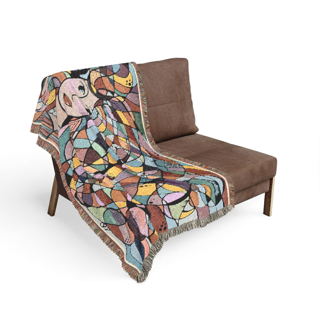 Bohemian Mosaic Woven Blanket — Abstract Woman Tapestry Throw