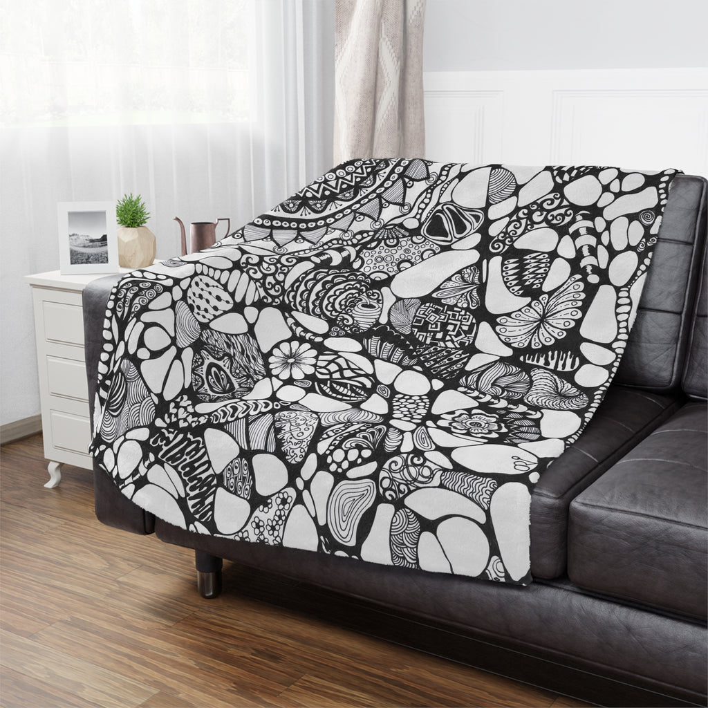 Minky Blanket — Black & White Hand-Drawn Doodle Mandala Throw
