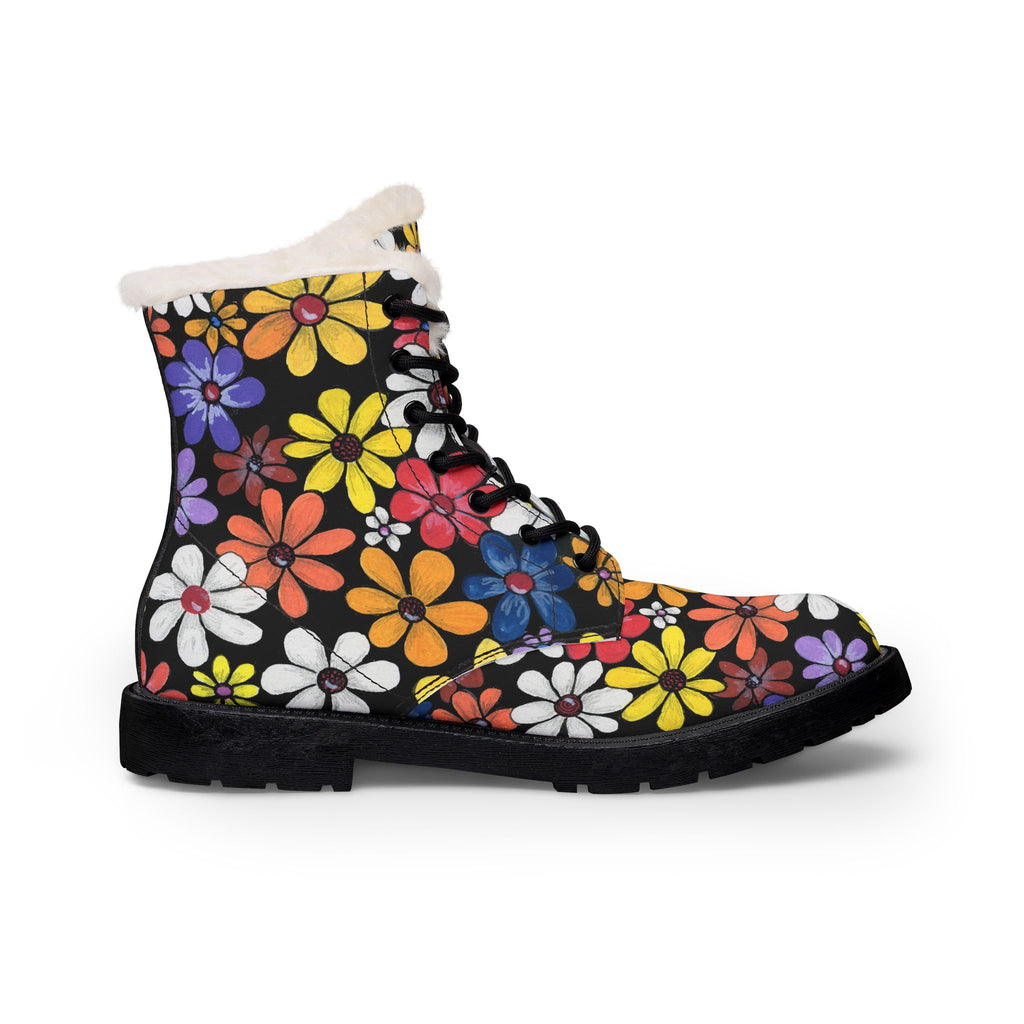 Faux Fur Leather Boots — Floral Lace & Color Block Women's Winter Boots