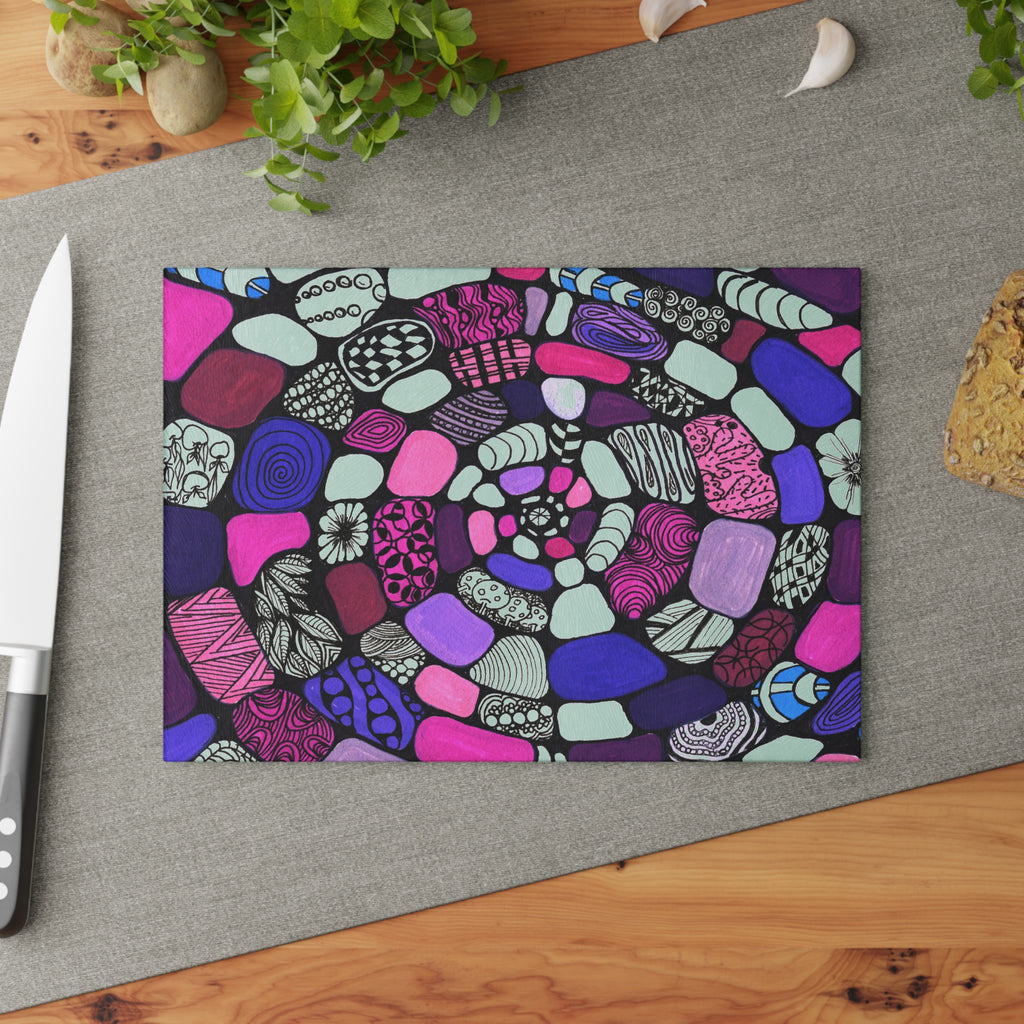 Spiral Pebble Glass Cutting Board — Pink & Purple Abstract Kitchen Decor