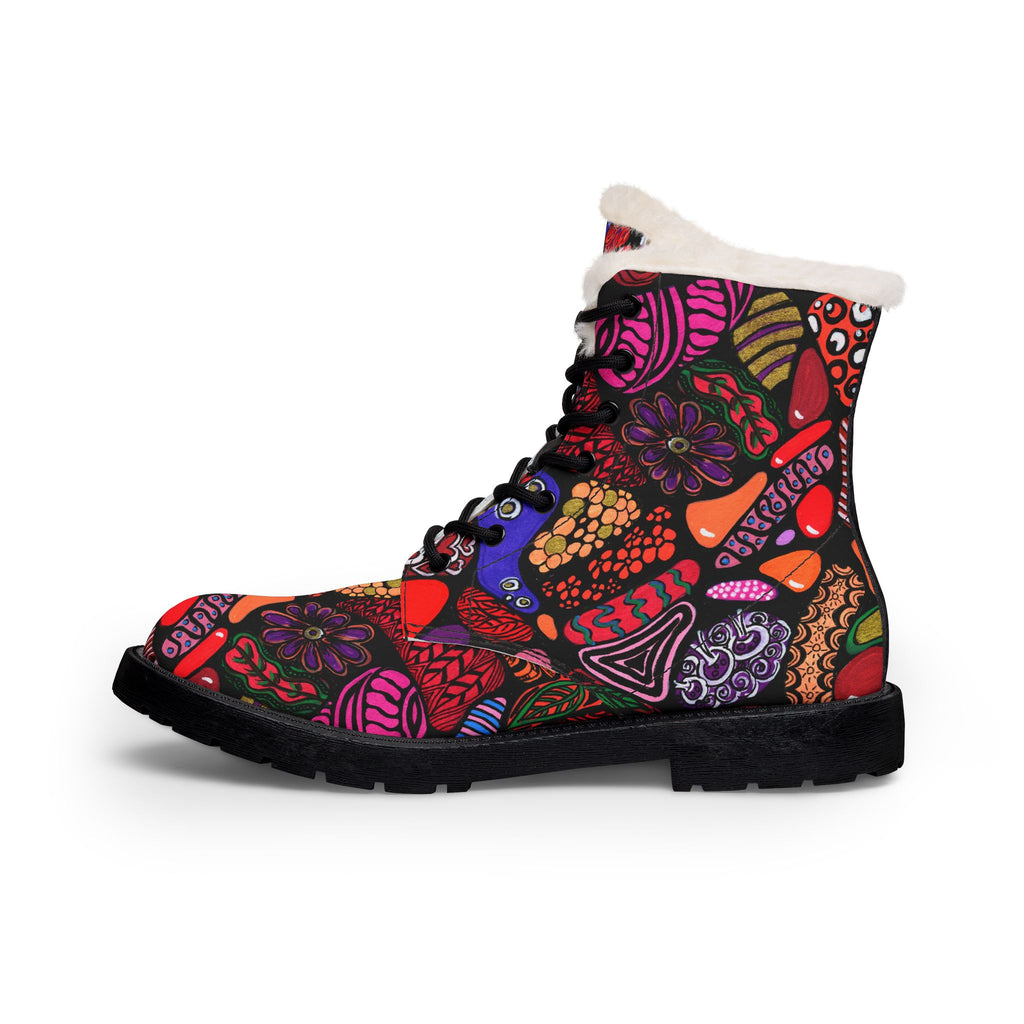 Faux Fur Leather Boots — Colorful Floral Lined Women's Winter Boots