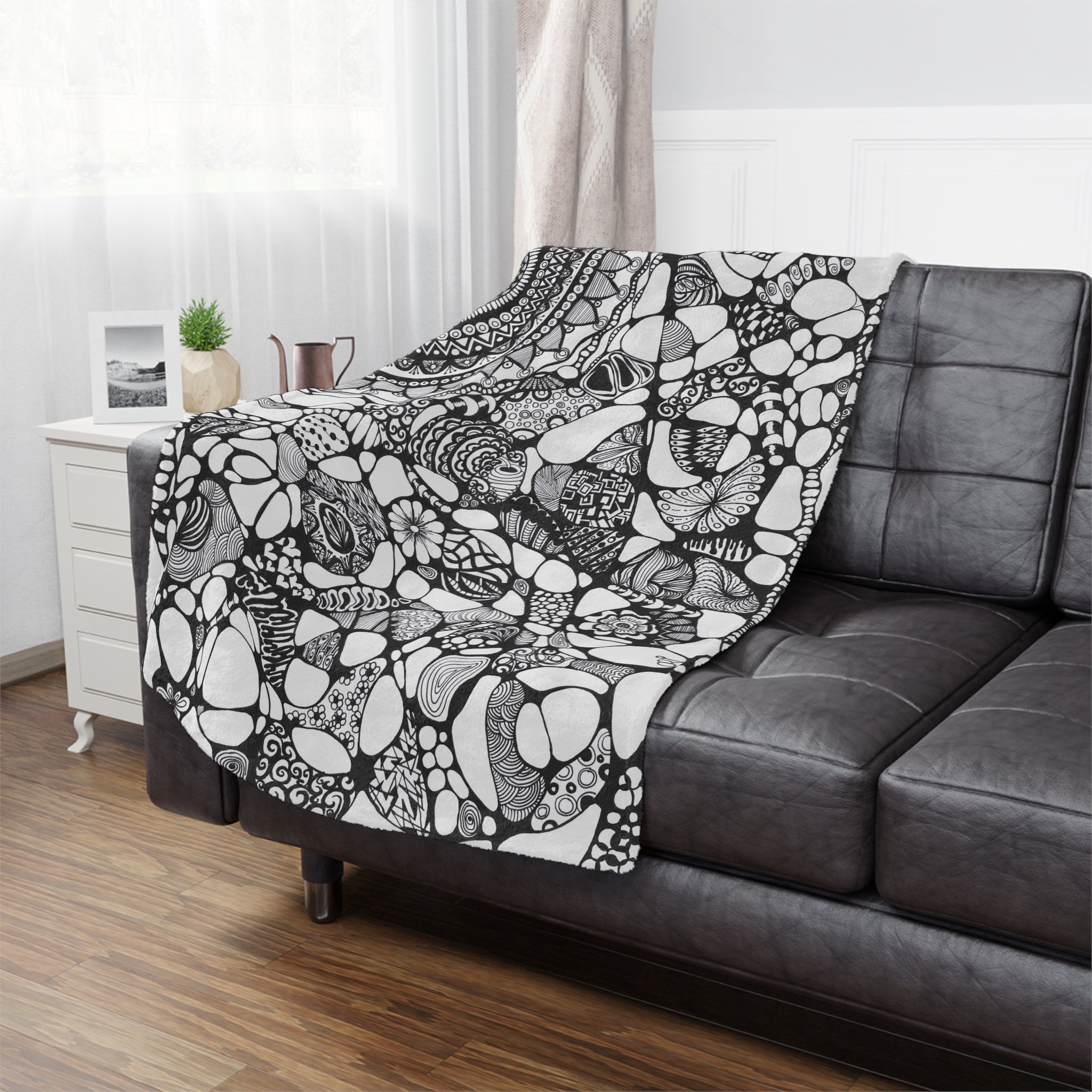 Minky Blanket — Black & White Hand-Drawn Doodle Mandala Throw