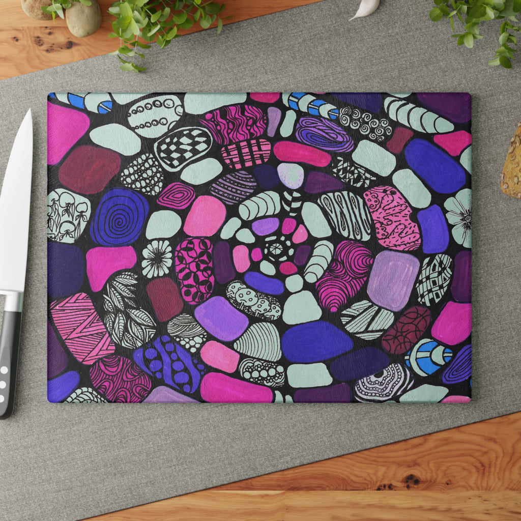 Spiral Pebble Glass Cutting Board — Pink & Purple Abstract Kitchen Decor