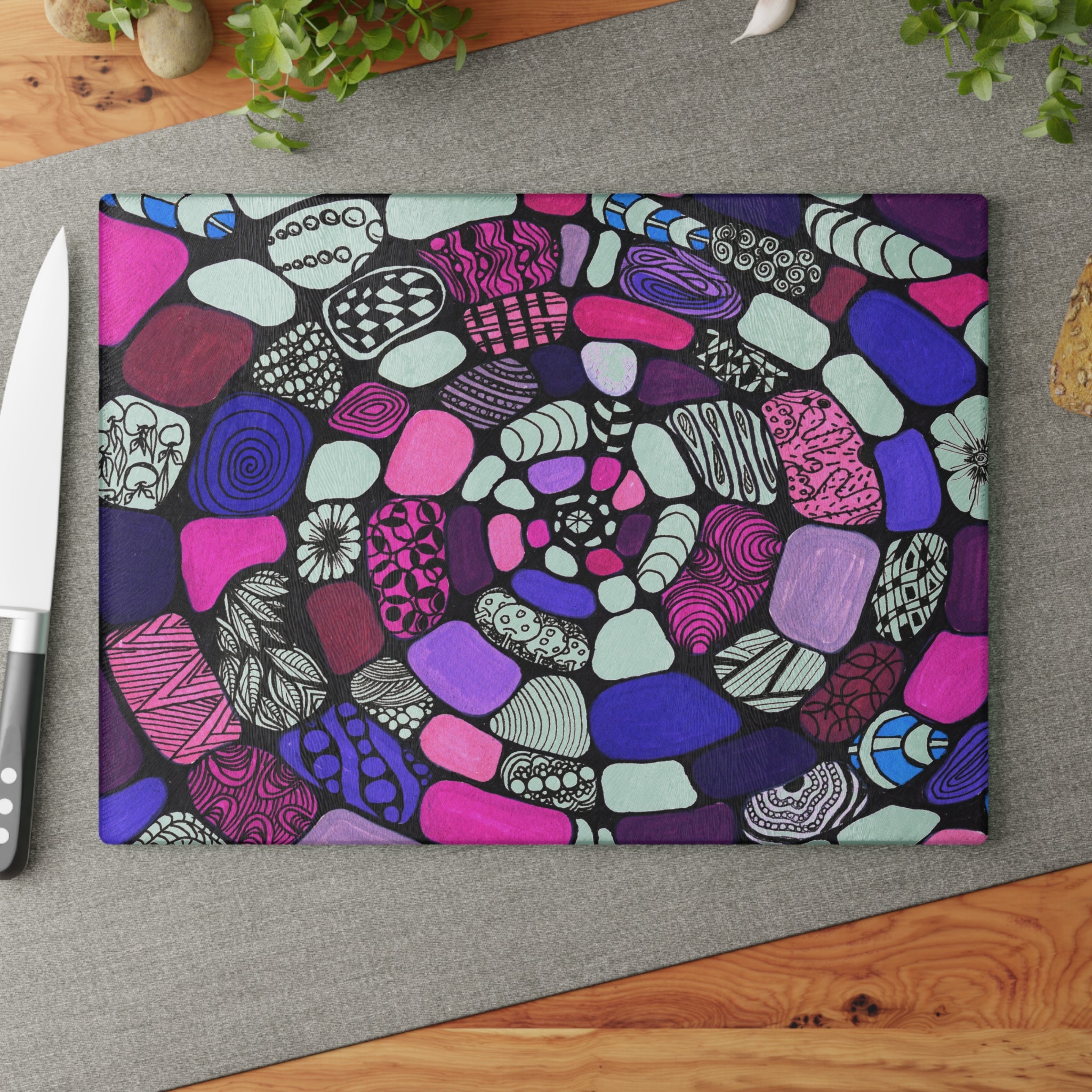 Spiral Pebble Glass Cutting Board — Pink & Purple Abstract Kitchen Decor
