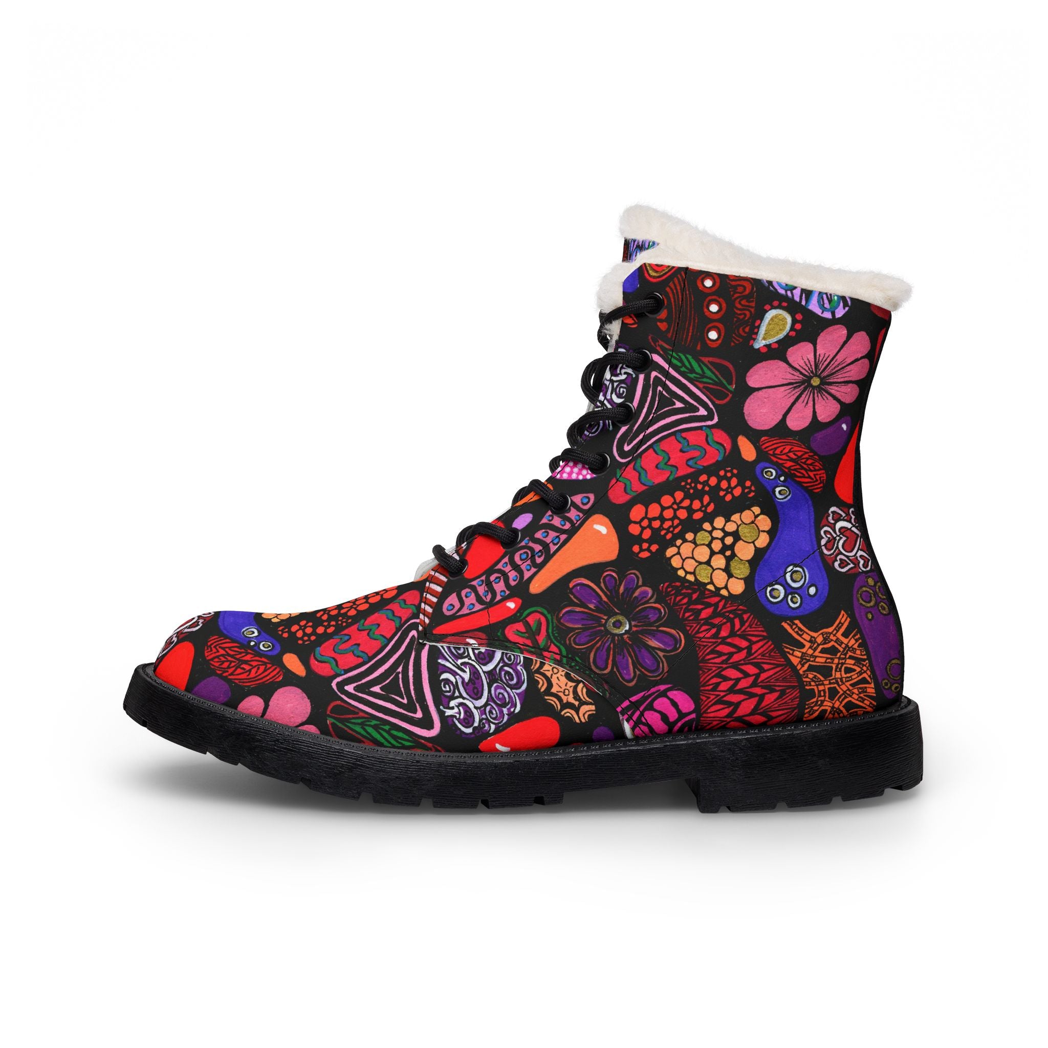 Faux Fur Leather Boots — Colorful Floral Lined Women's Winter Boots