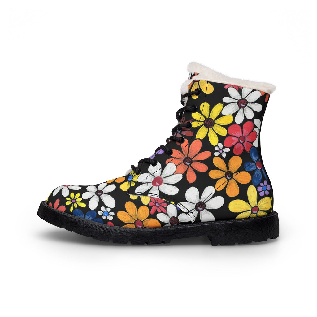 Faux Fur Leather Boots — Floral Lace & Color Block Women's Winter Boots