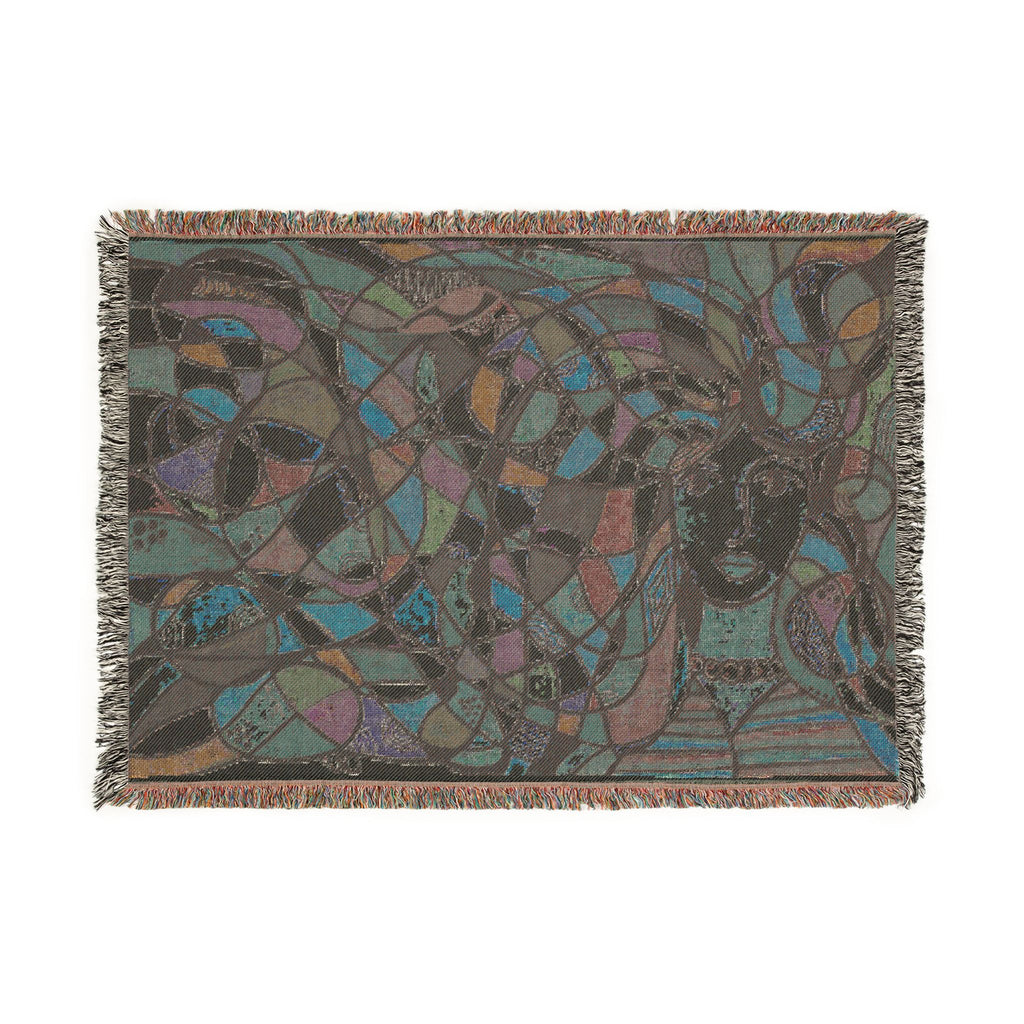 Bohemian Mosaic Woven Blanket — Abstract Woman Tapestry Throw
