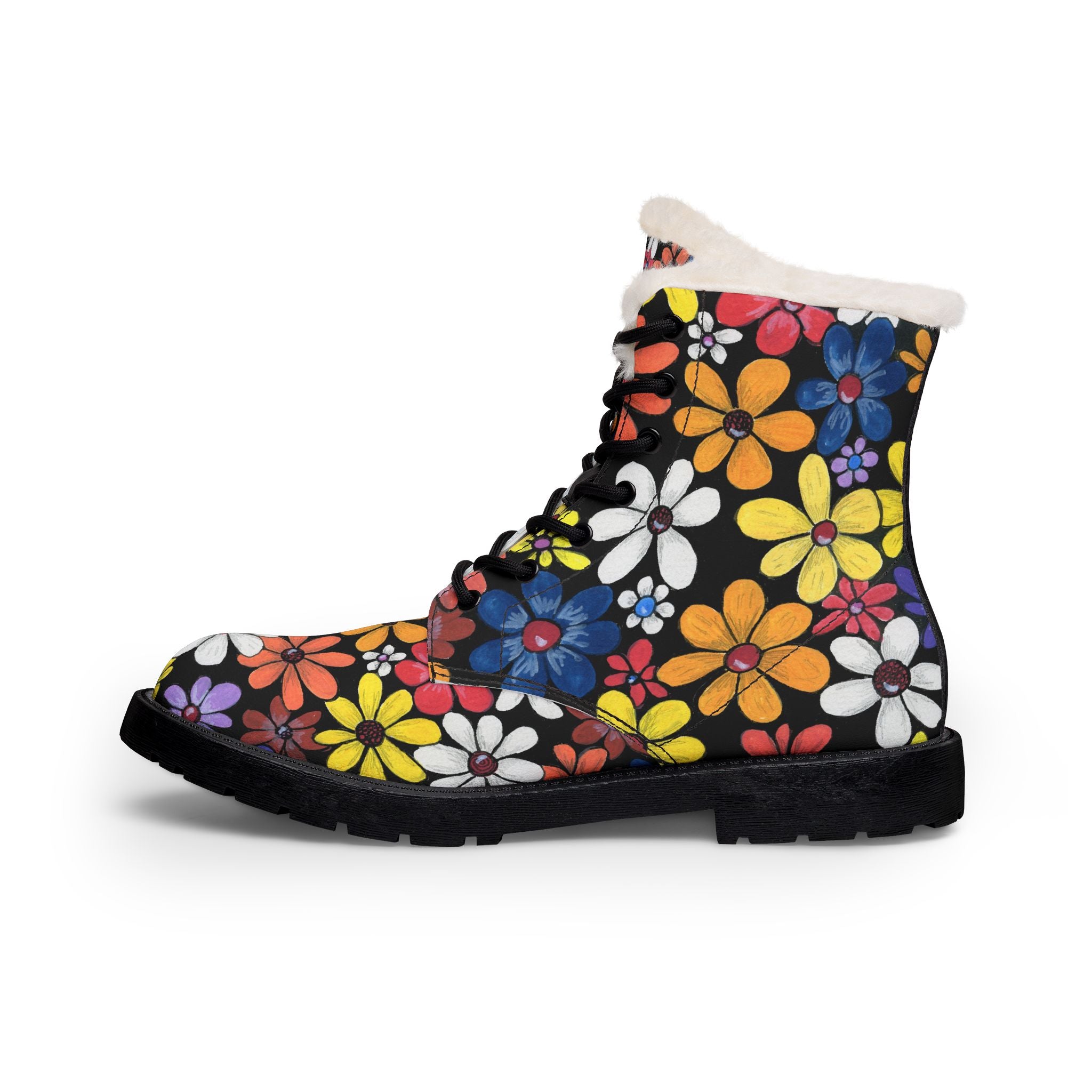 Faux Fur Leather Boots — Floral Lace & Color Block Women's Winter Boots