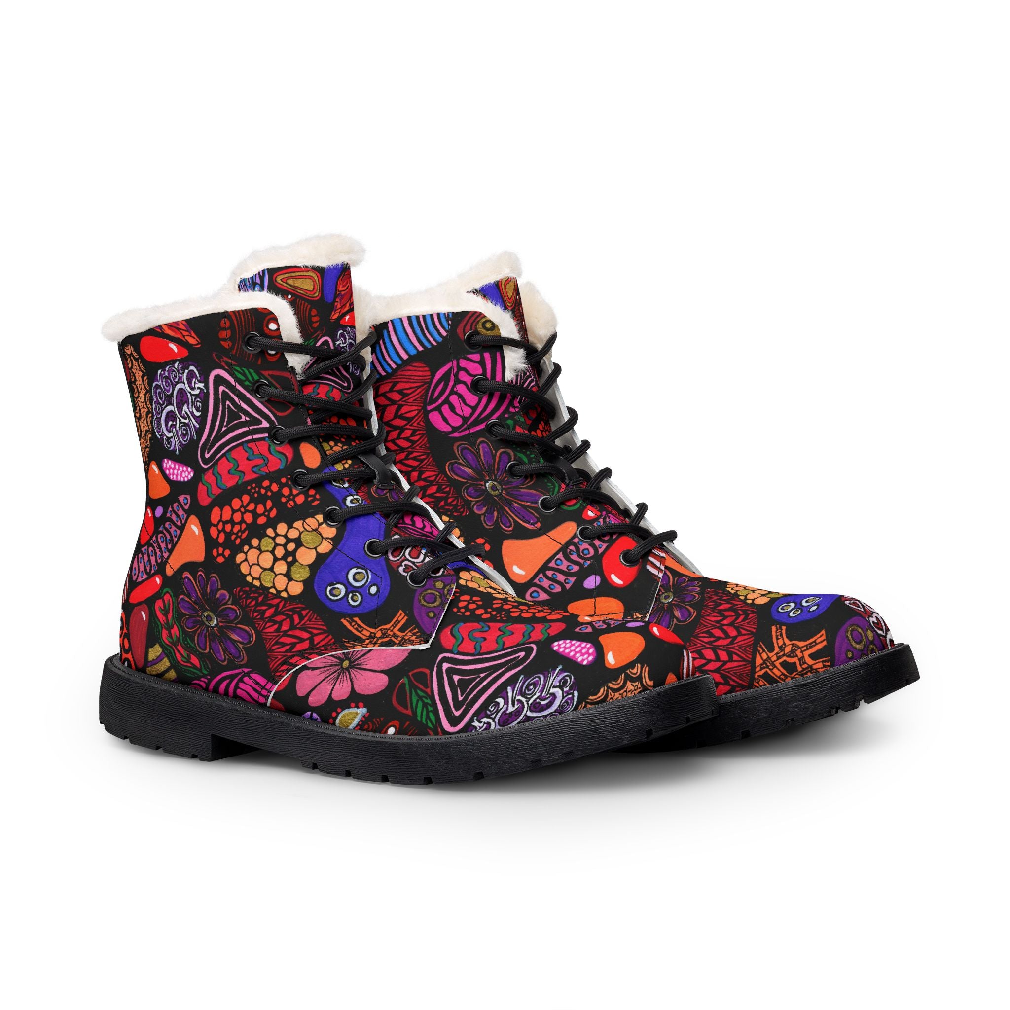 Faux Fur Leather Boots — Colorful Floral Lined Women's Winter Boots