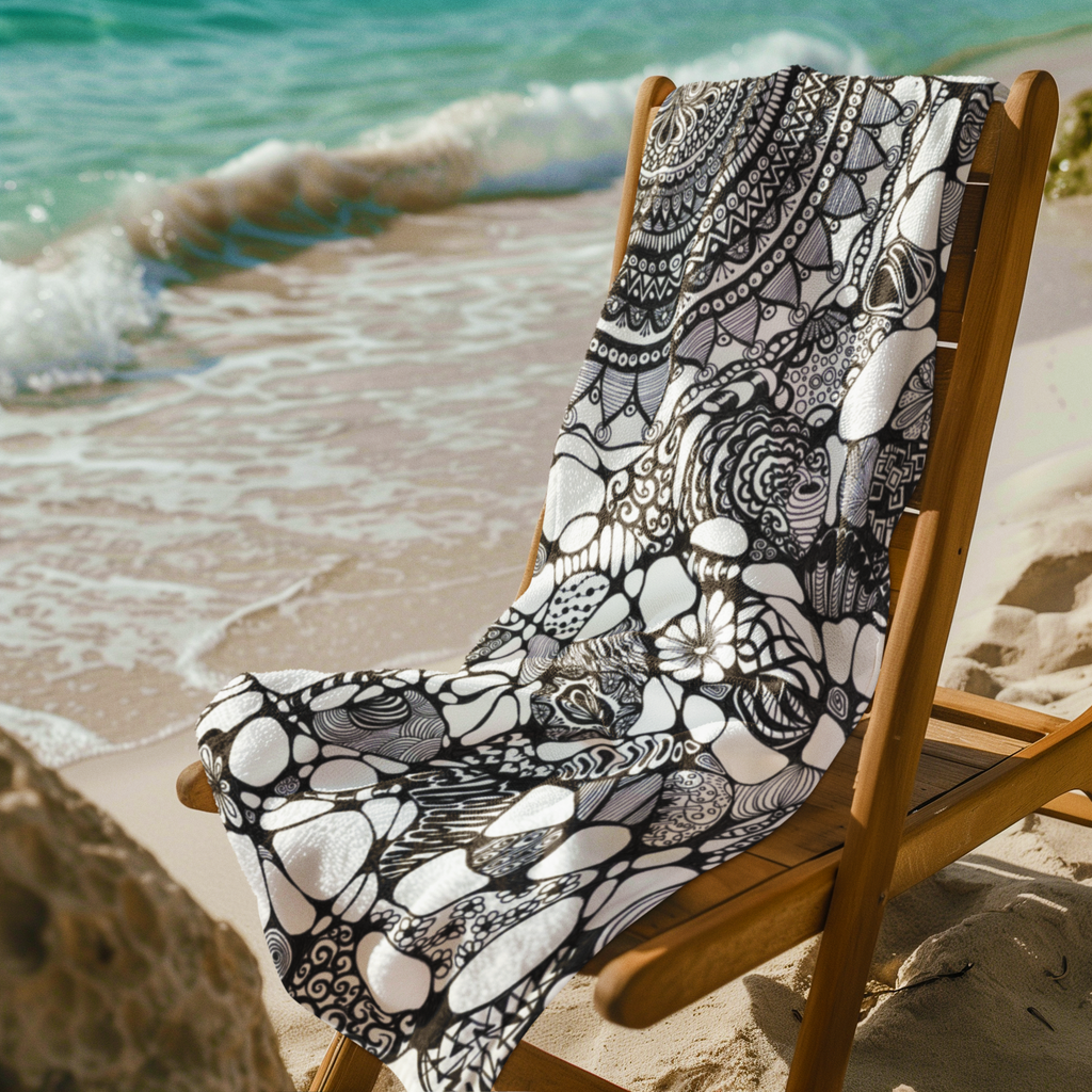 Black and white abstract doodle art beach towel on wooden chair by ocean waves